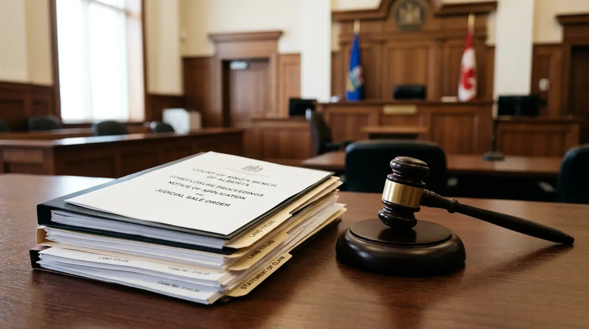 Gavel and legal documents representing the Alberta judicial foreclosure process in the Court of King's Bench