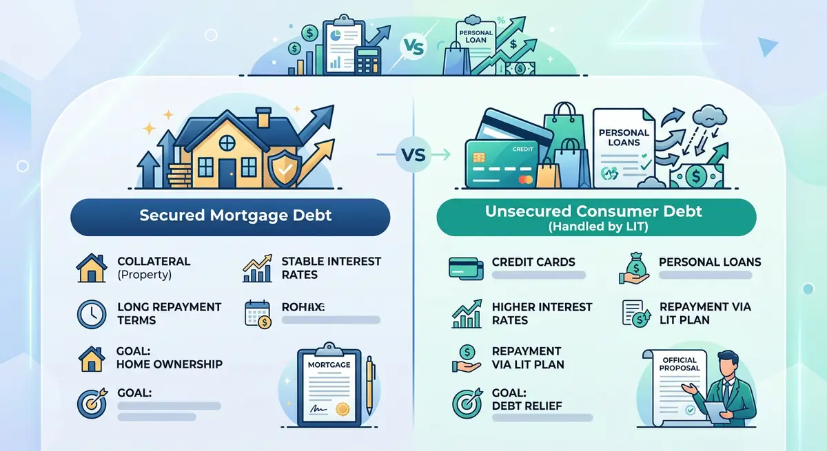 Comparison chart showing secured mortgage debt versus unsecured consumer debt handled by a Licensed Insolvency Trustee