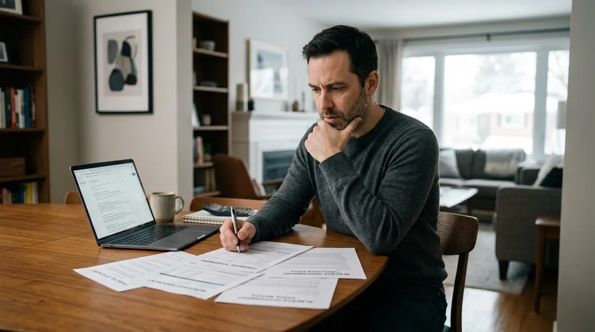 Homeowner reviewing financial documents and exploring second mortgage options to stop foreclosure in Alberta