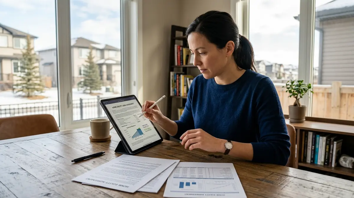 Calgary homeowner reviewing home equity loan documents and financial calculations on a tablet