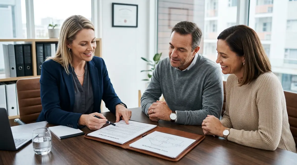 Real estate lawyer explaining legal documentation and title registration to a client