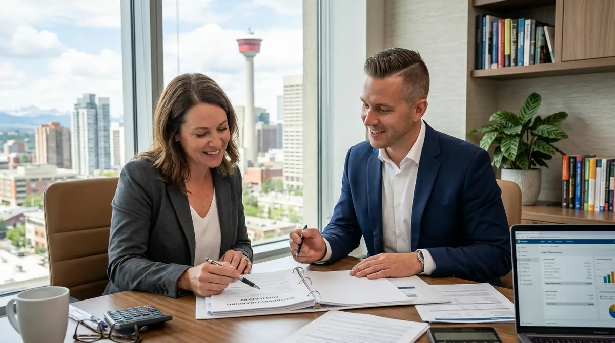 Calgary homeowner reviewing secondary financing application documents with a mortgage broker