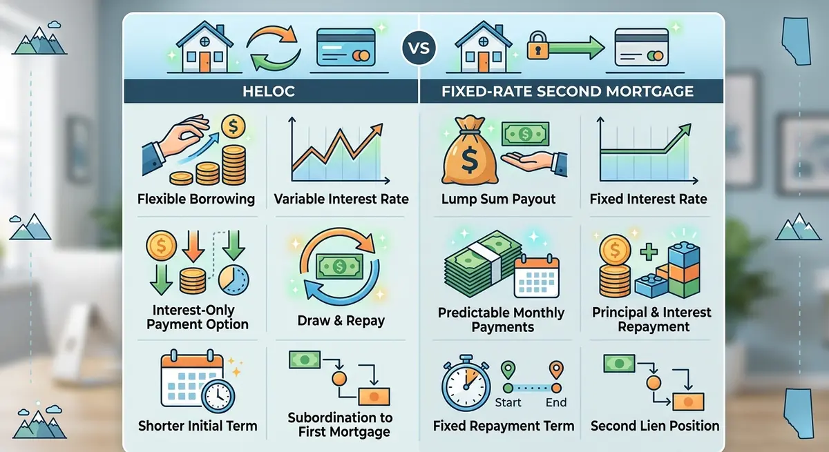 Comparison chart showing the differences between a HELOC and a fixed-rate second mortgage in Alberta