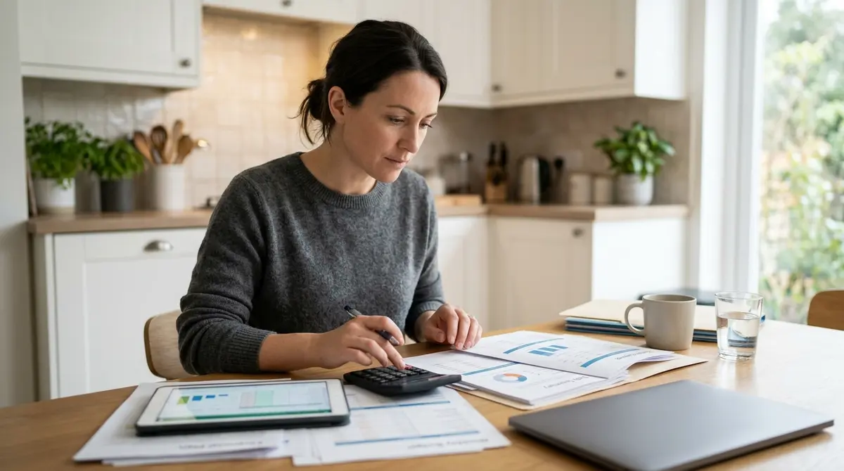 Homeowner reviewing financial documents and debt consolidation plans at a kitchen table