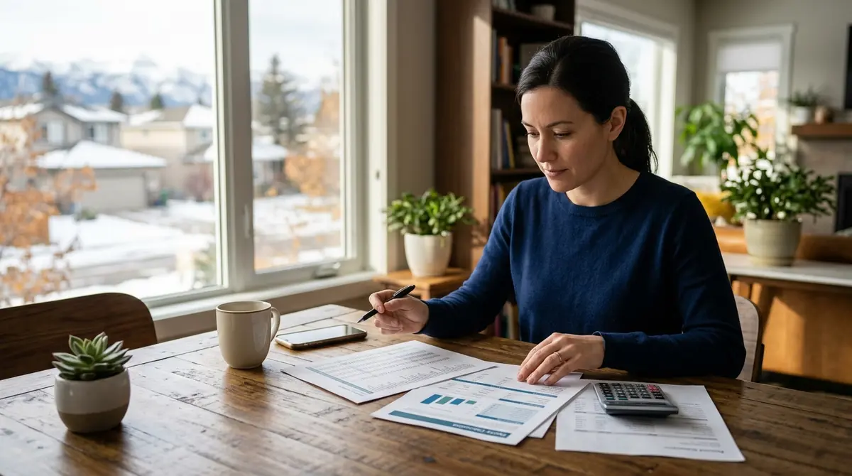 A Calgary homeowner reviewing home equity calculation documents at a dining table