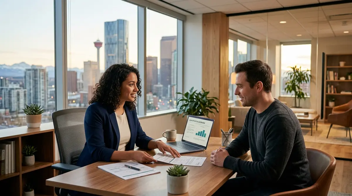 A mortgage broker explaining qualification requirements to a client in a modern Calgary office