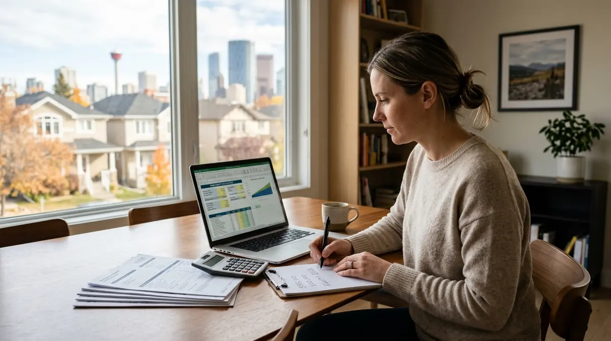 A Calgary homeowner reviewing financial documents and calculating home equity on a laptop