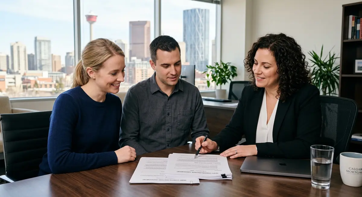 A couple reviewing a debt consolidation contract with a Calgary mortgage broker