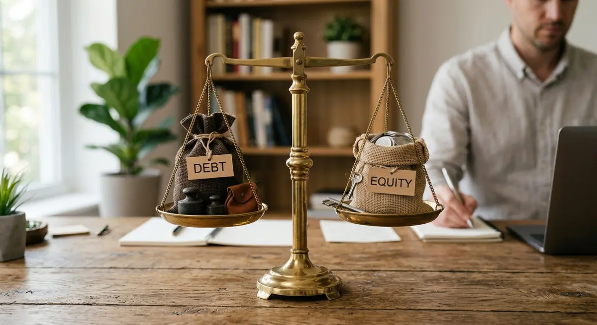 A balanced scale showing debt on one side and home equity on the other, representing financial stability