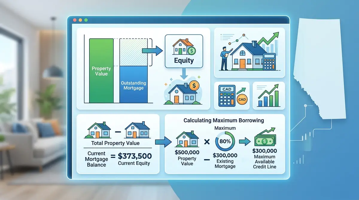 A detailed financial chart illustrating how to calculate home equity and maximum borrowing limits for a property in Alberta