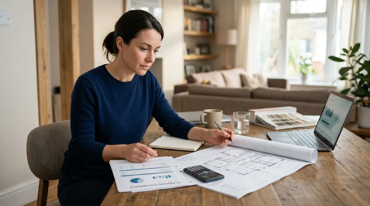 A homeowner reviewing financial documents and blueprints, representing the strategic use of home equity for property renovations and debt consolidation