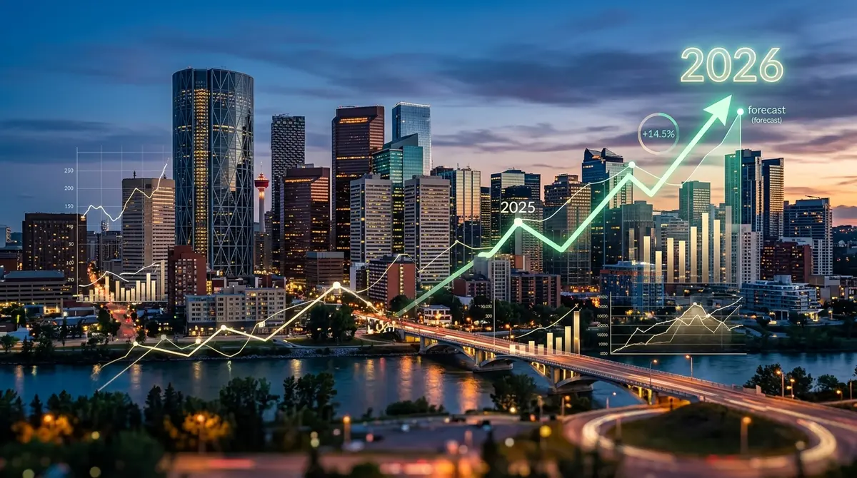 Calgary skyline with financial charts overlay representing the 2026 real estate market