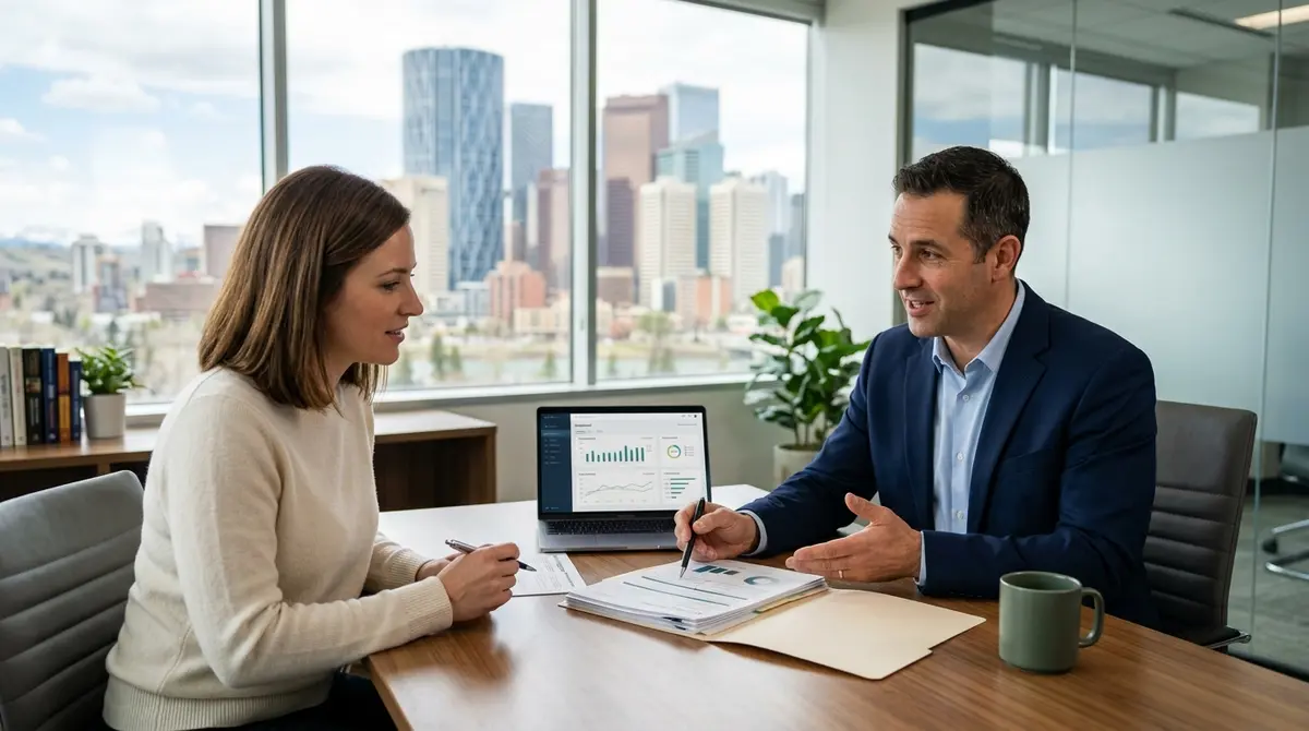 A homeowner reviewing mortgage application documents with a financial advisor in Calgary