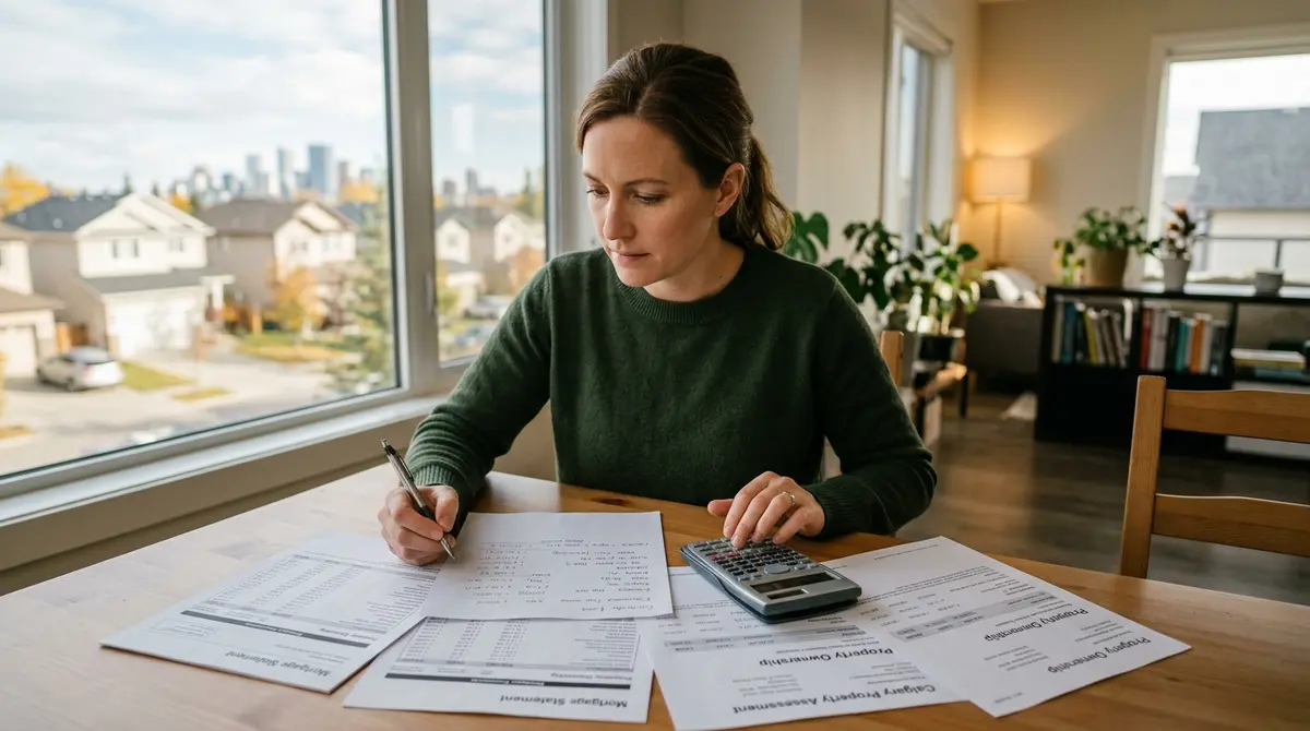 A homeowner reviewing financial documents and a calculator to determine their property ownership stake in Calgary