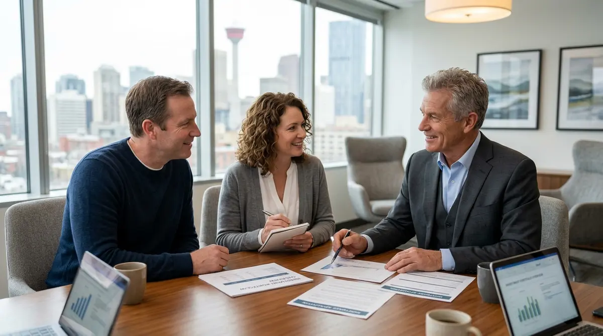 A couple discussing their financial portfolio and mortgage documentation with a Calgary financial advisor