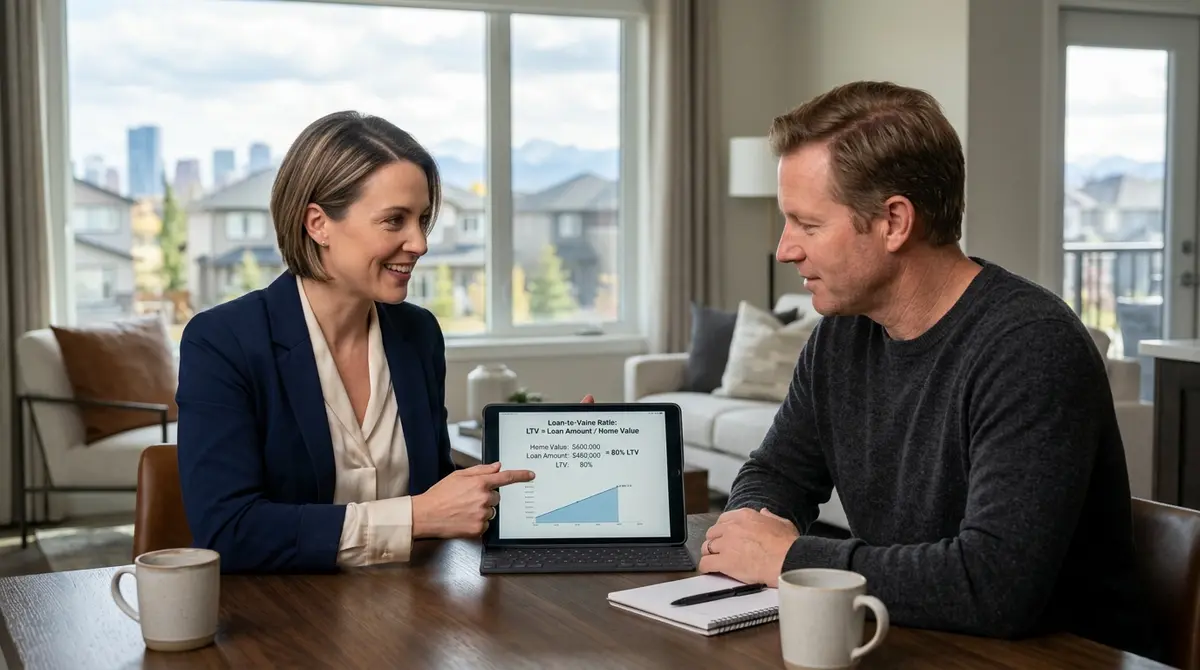 A financial advisor explaining Loan-to-Value ratio calculations to a Calgary homeowner using a tablet