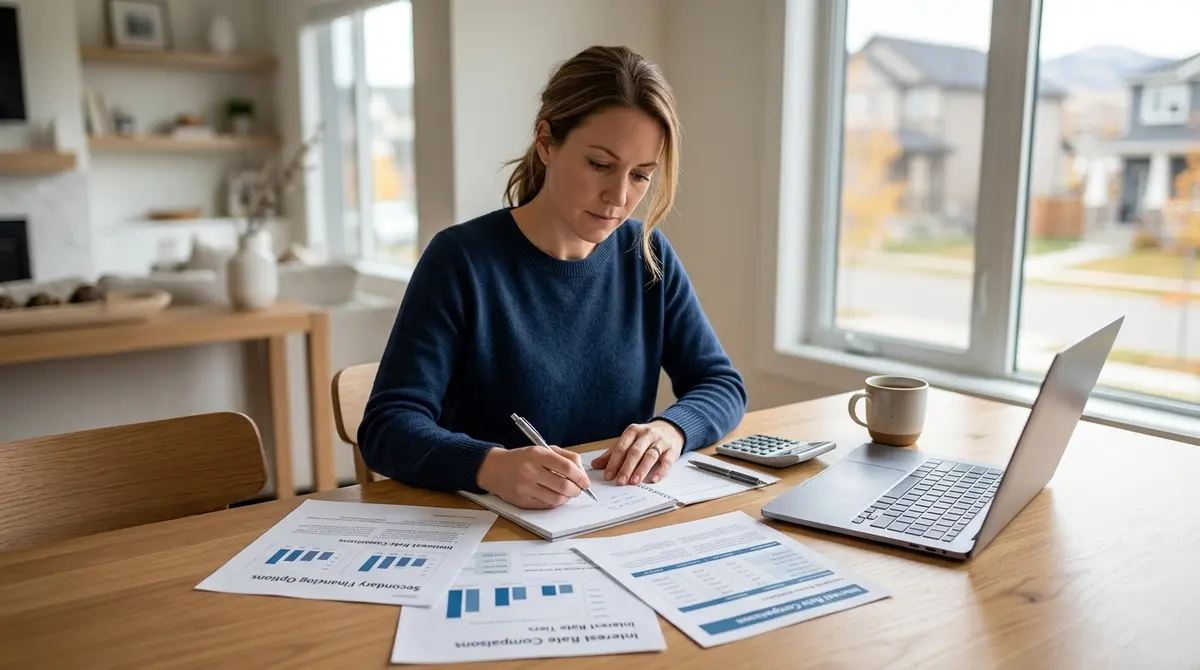 A Calgary homeowner reviewing secondary financing documents and interest rate comparisons at a dining table
