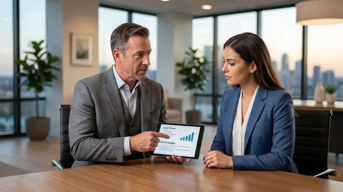 A specialized mortgage broker explaining loan terms and exit strategies to a client in an office setting