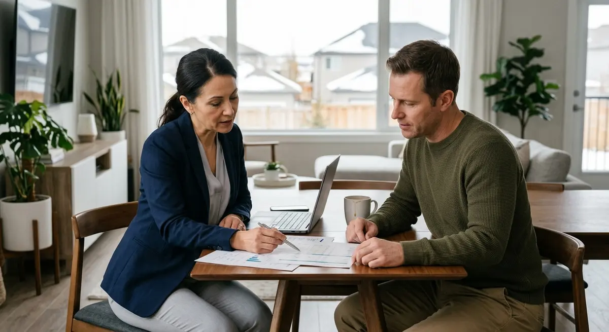 Financial advisor reviewing loan-to-value calculations with a Calgary homeowner
