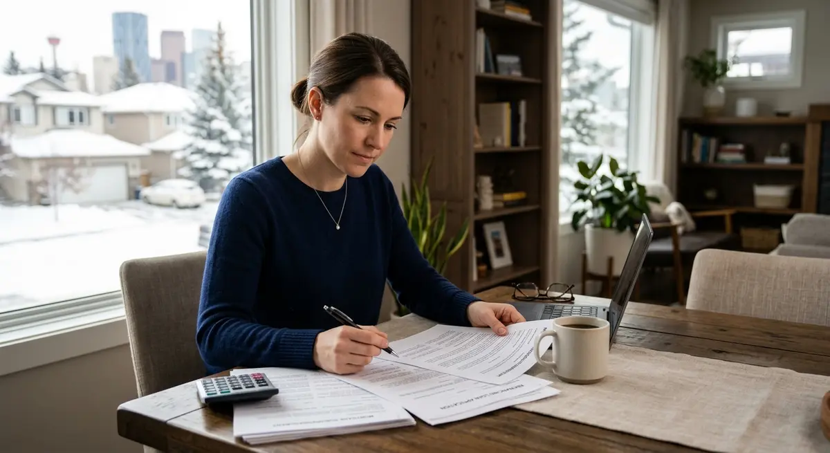 A Calgary homeowner reviewing mortgage refinancing documents and subordination agreements at a dining table