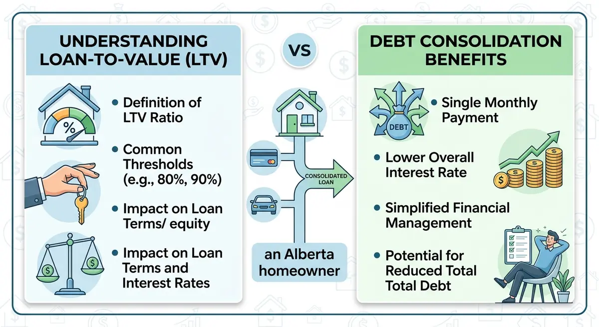 A comparison chart showing loan-to-value ratios and debt consolidation benefits for Alberta homeowners