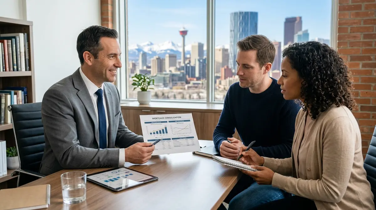 A financial advisor explaining mortgage consolidation and debt service ratios to a couple in Calgary