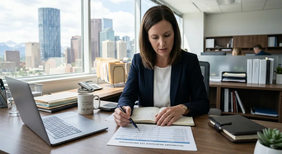 A detailed breakdown of secondary mortgage fees on a financial planner's desk in Calgary