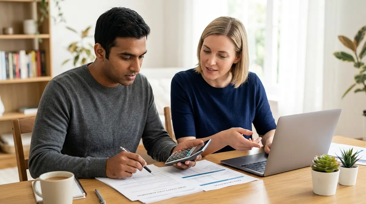 A couple reviewing home equity loan documents and calculating CLTV ratios