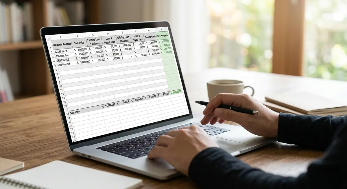 A detailed financial spreadsheet showing the calculation of net proceeds after paying off multiple property loans