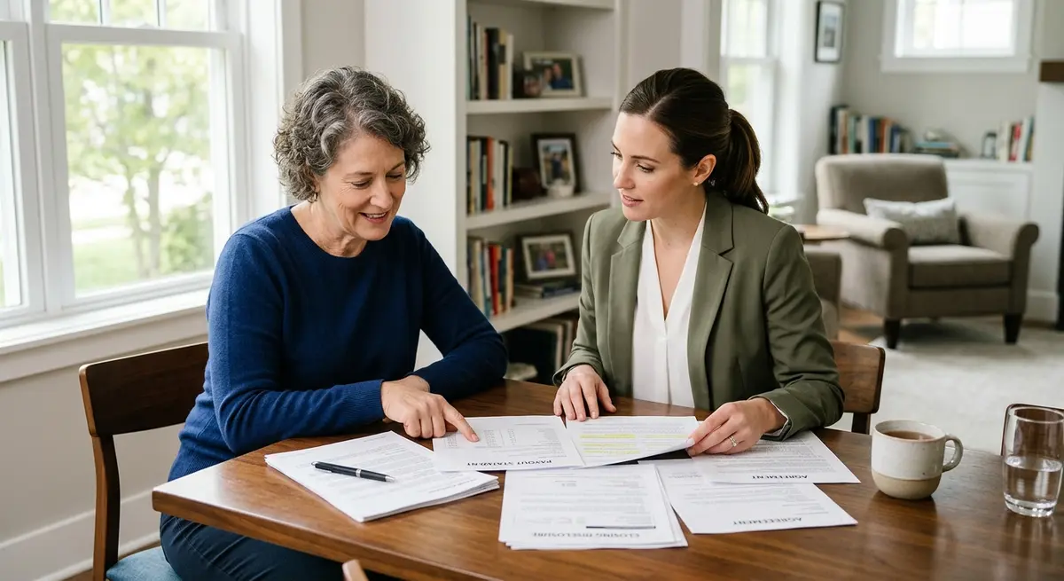 A homeowner reviewing official payout statements and legal documents with a real estate professional