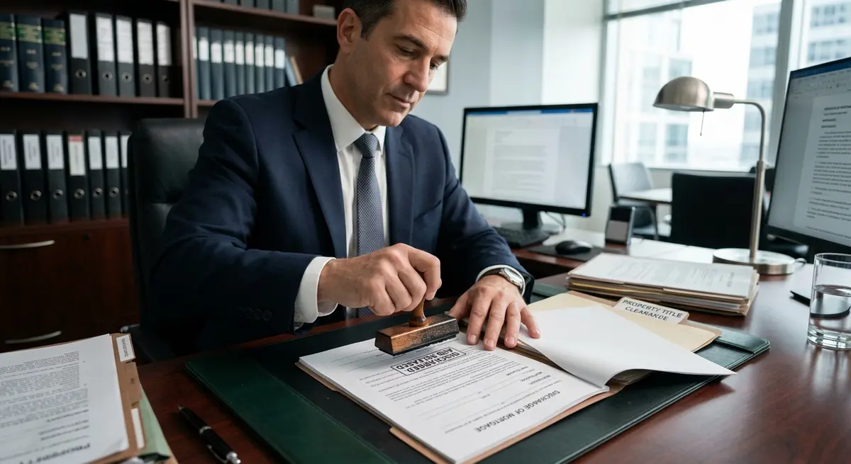 A real estate lawyer stamping a mortgage discharge document to clear a property title