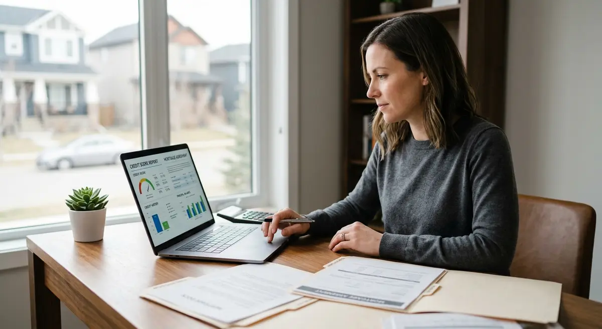 A Calgary homeowner reviewing credit score reports and mortgage documents on a laptop