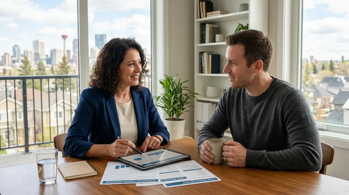 A financial advisor discussing alternative mortgage lending options with a Calgary homeowner