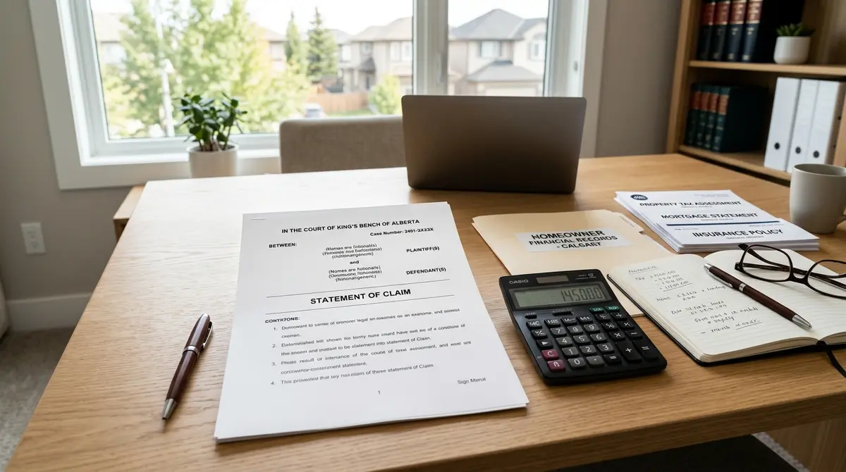 A legal document titled Statement of Claim sitting on a desk next to a calculator and a Calgary homeowner's financial records