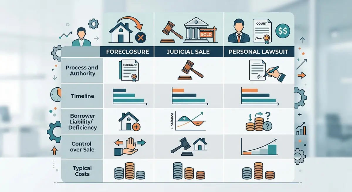 A comparison chart showing the differences between foreclosure, judicial sale, and personal lawsuits in Alberta