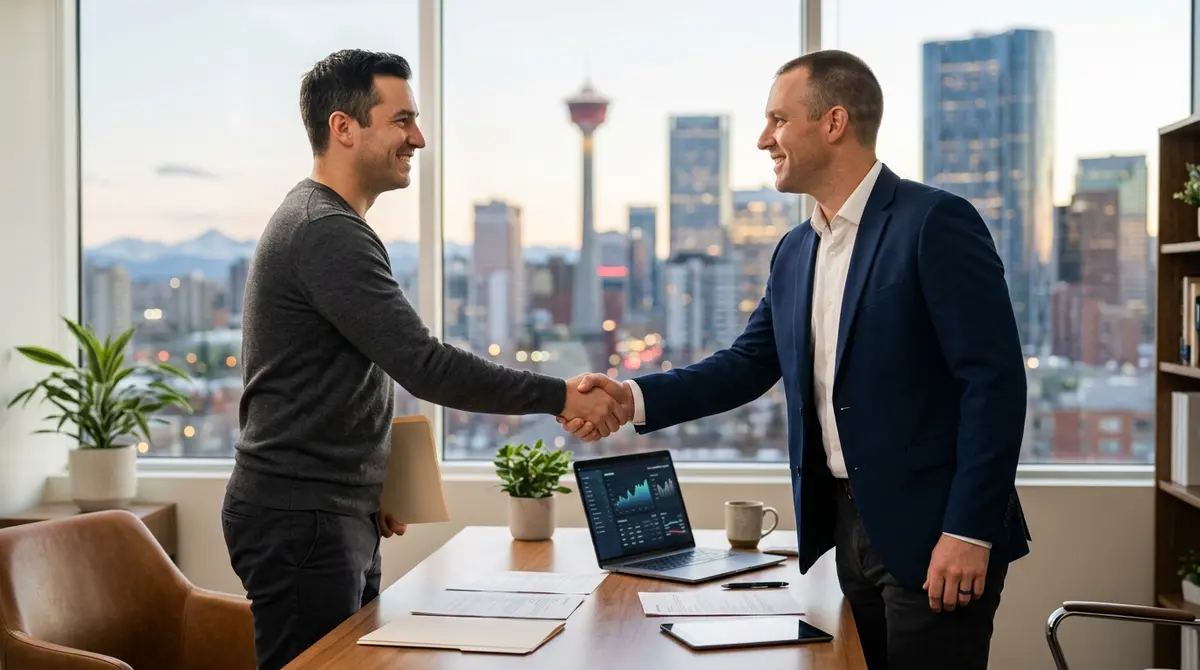 A Calgary homeowner shaking hands with a mortgage broker after successfully negotiating a loan modification