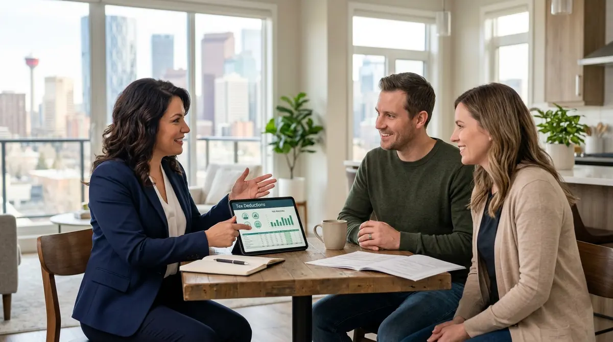 A financial advisor explaining tax deduction tracking to a Calgary homeowner