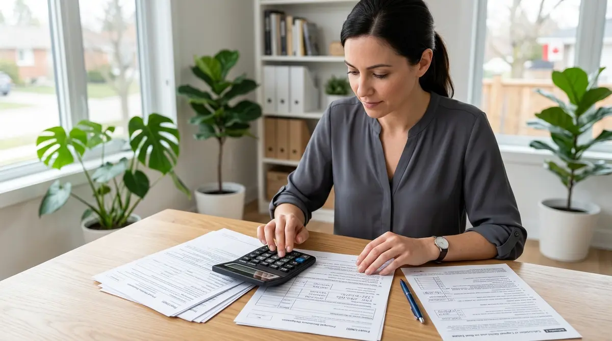 A calculator and tax forms showing capital gains calculations for Canadian real estate