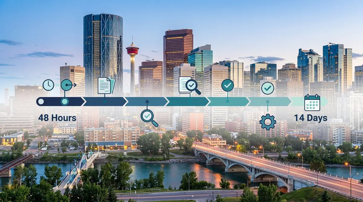 Calgary skyline with a graphic overlay showing a 48-hour to 14-day mortgage approval timeline
