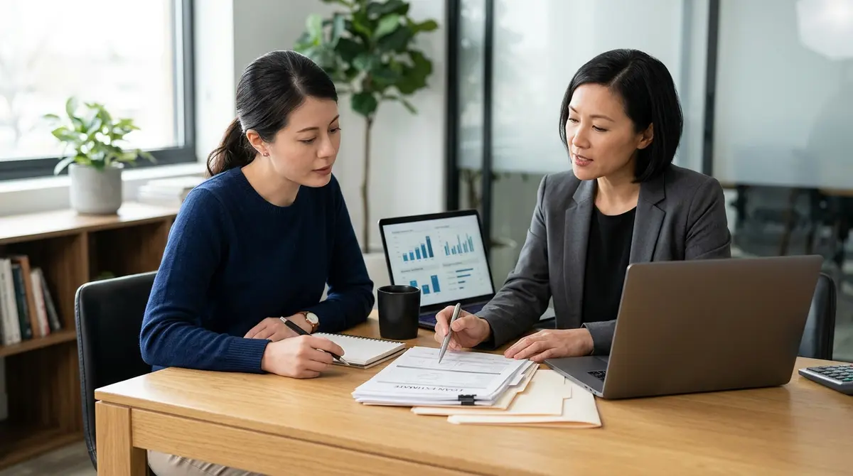 A homeowner and a mortgage broker reviewing financial documents at a desk