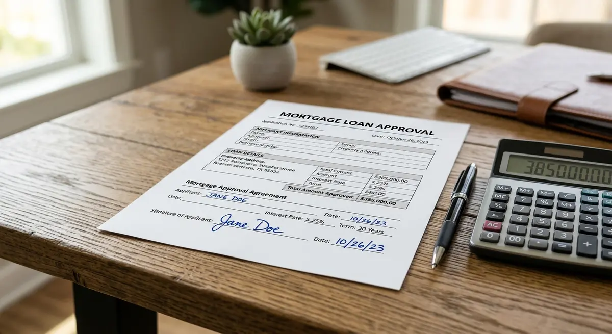 A close-up of a signed mortgage approval document with a pen and a calculator