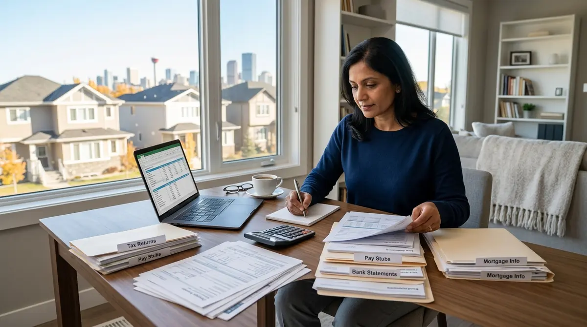 A Calgary homeowner organizing financial documents and tax returns for a second mortgage application