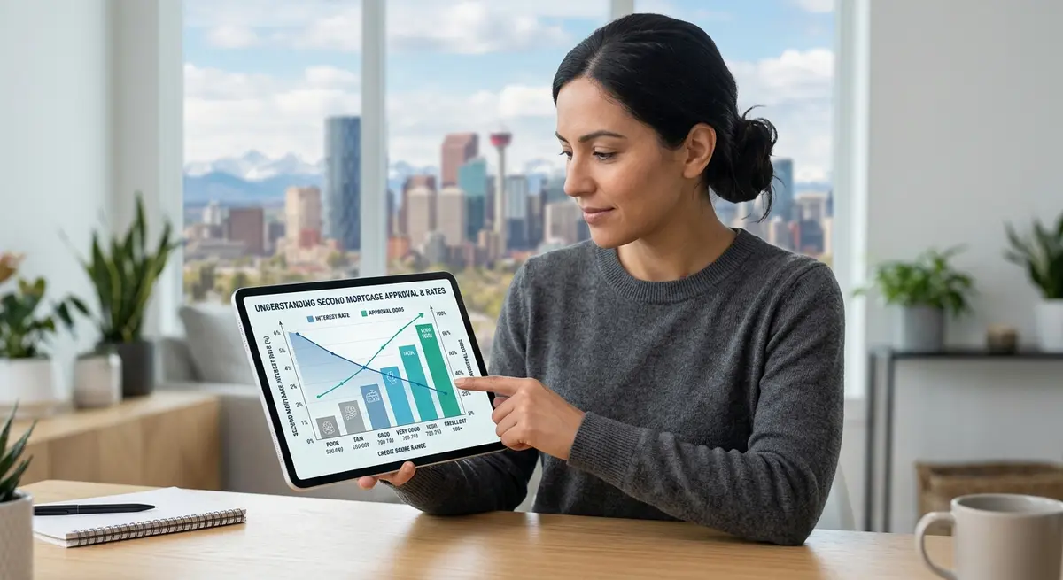 A chart showing how credit scores impact second mortgage interest rates and approval odds in Alberta