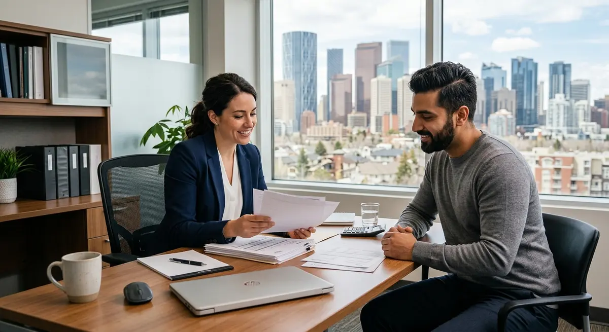A mortgage broker reviewing alternative income documentation with a self-employed Calgary business owner