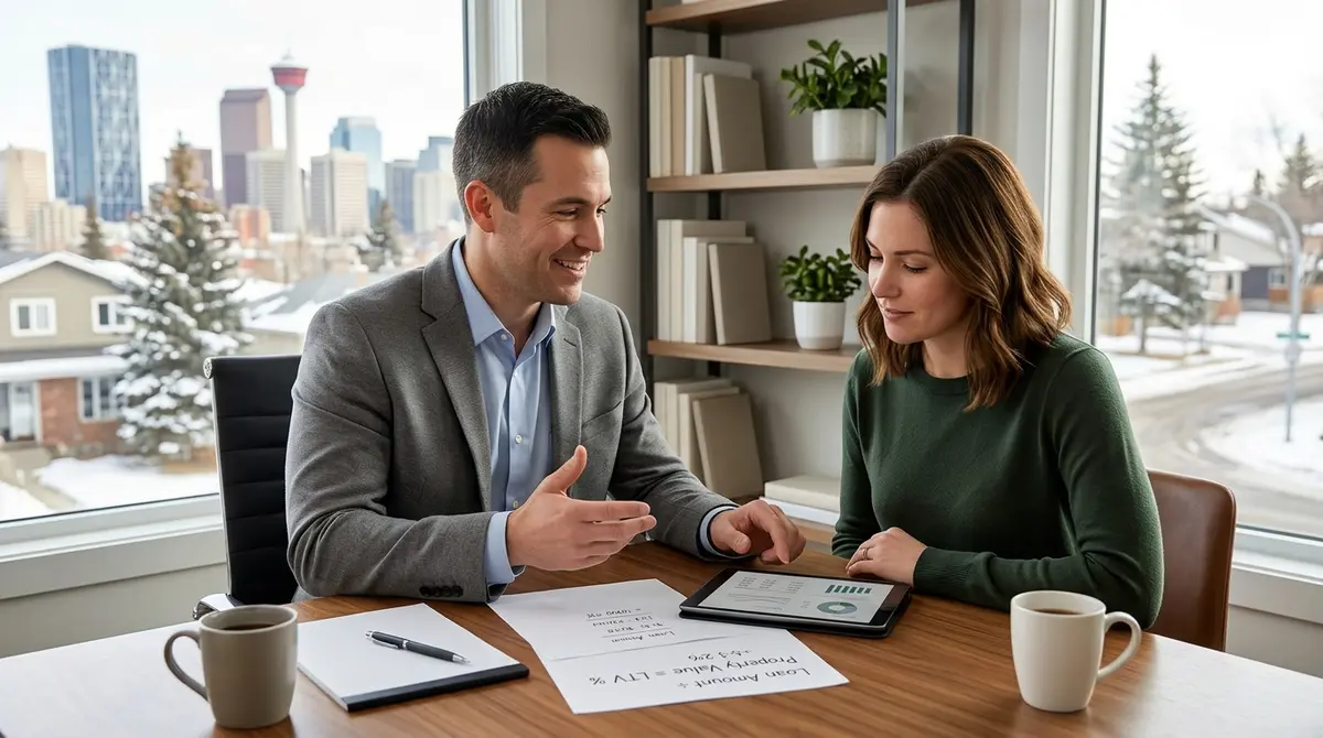 A financial advisor explaining loan-to-value ratio calculations to a Calgary homeowner
