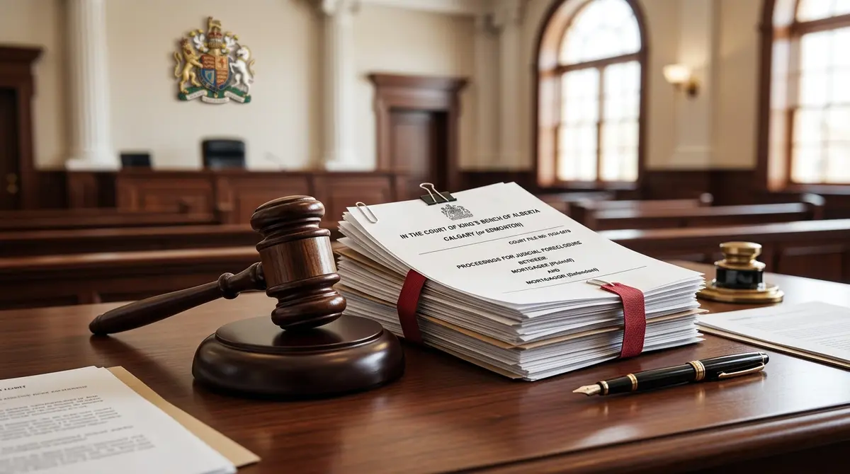 Gavel and legal documents representing the Alberta judicial foreclosure process in the Court of King's Bench