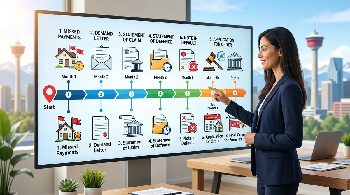 Calendar and timeline graphic showing the step-by-step foreclosure process in Calgary