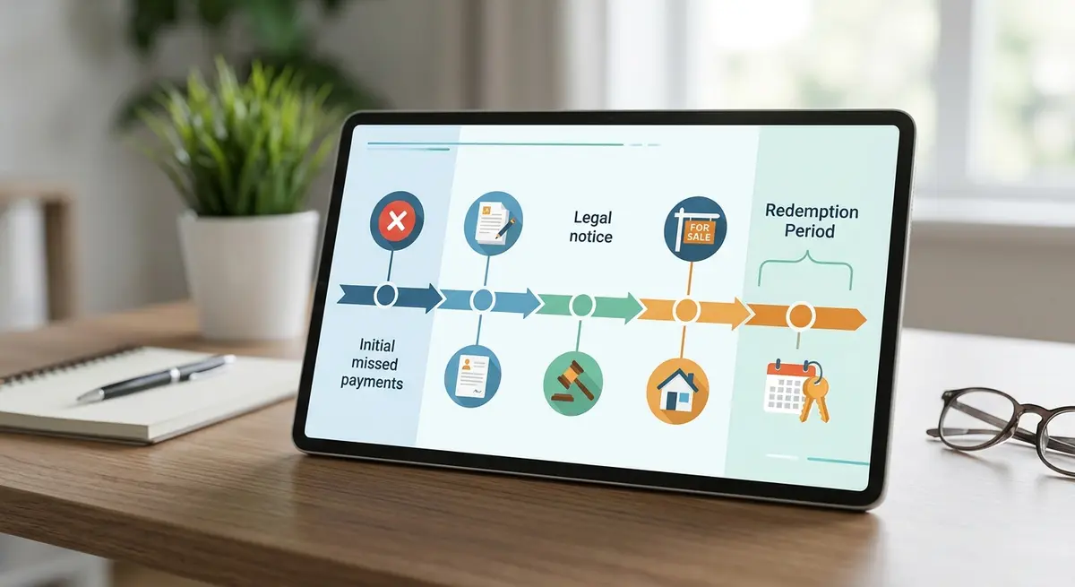 A detailed timeline chart showing the Alberta foreclosure process from missed payment to redemption period
