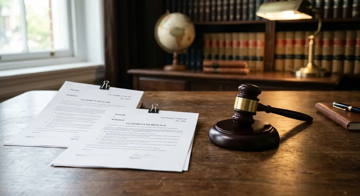 Legal documents including a Statement of Claim and Statement of Defence resting on a wooden desk next to a gavel