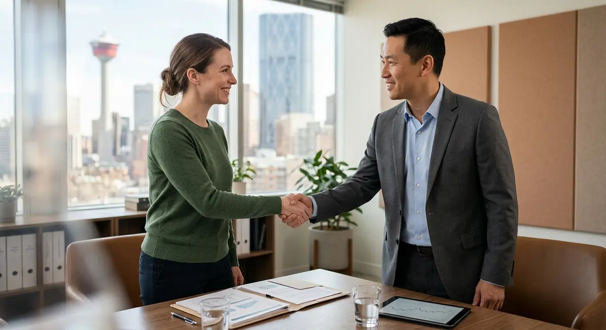 A Calgary homeowner shaking hands with a financial advisor after successfully negotiating a mortgage relief plan